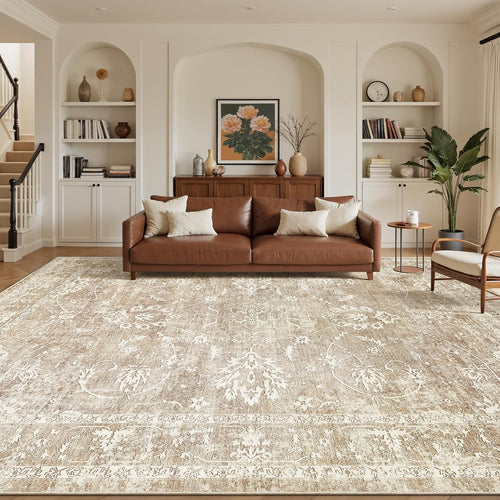 Art&Tuft Non-Slip Botanical Flower Rug - Stain-Resistant, Machine Washable Vintage Floral Aesthetic House Decor Rug for Living Room, Bedroom